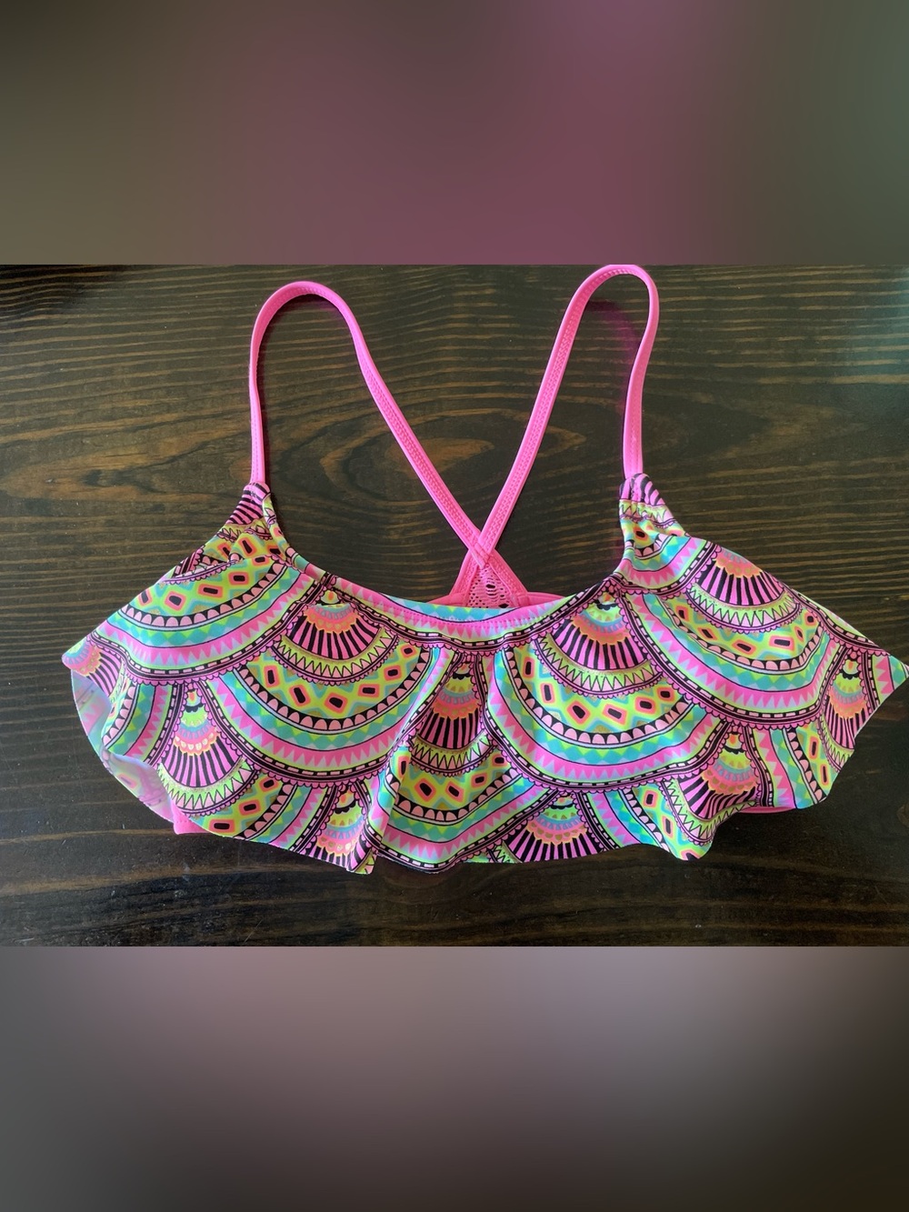 Rue21 rue bleu Neon Geometric Flounce Bikini Top Size S Pink